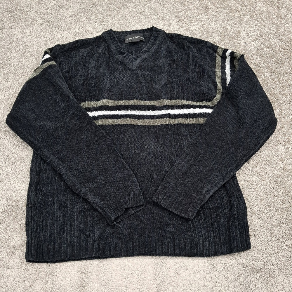 Croft & Barrow Mens Chenille V-Neck Sweater Black Striped Vintage 90s Medium